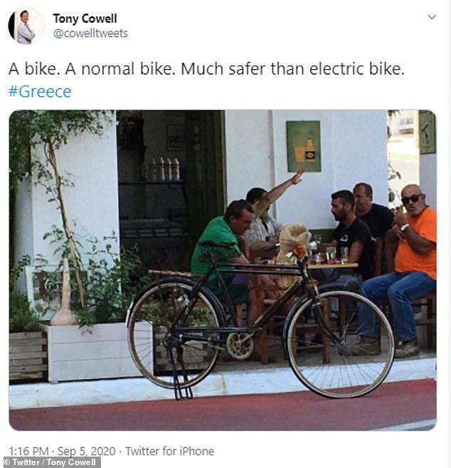 Cheeky! Alongside an image of a standard bicycle, the columnist, 69, wrote: 'A bike. A normal bike. Much safer than electric bike. #Greece'