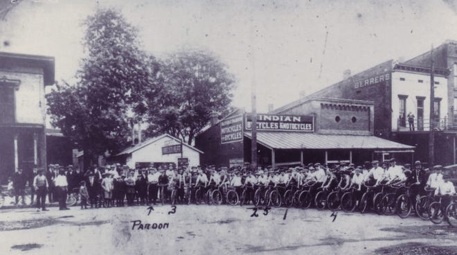 This photo, which T.R. Holliday provided to The Gleaner for its 1996 pictorial history, depicts a June 1920 bicycle race sponsored by Oliver Z. Pardon and his Indian motorcycle and bicycle dealership at 132 N. Elm St. The Pardon store sponsored Henderson's first formal bicycle race in 1916, although the bicycle had made its first appearance here in 1881.